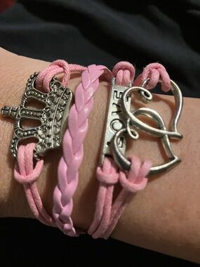 Pink Multi-Row Charm Bracelet with Crown and Love Heart